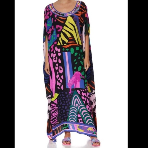 Camilla bright Fair Lady’s Dinkum print embellished silk caftan. One size - Picture 1 of 16